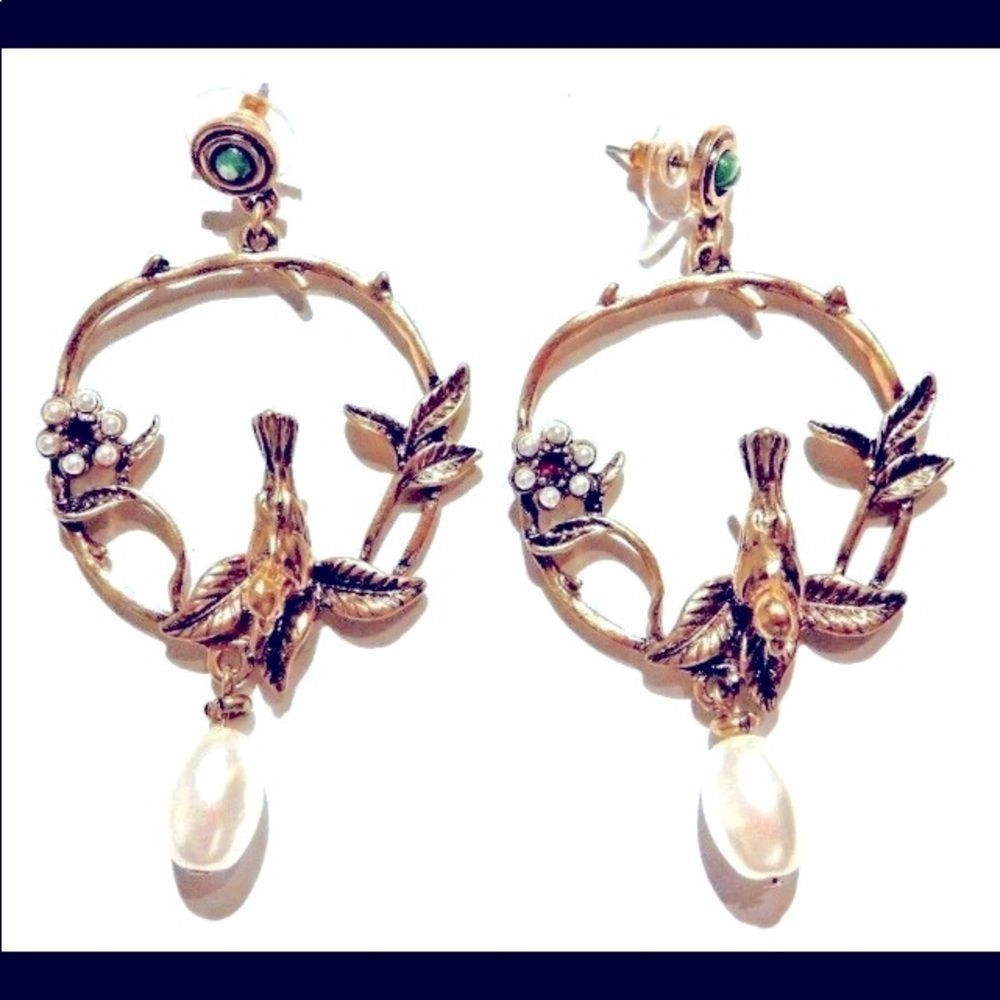 Antiqued Gold, Pearl Emerald Crystal Bird Earrings
